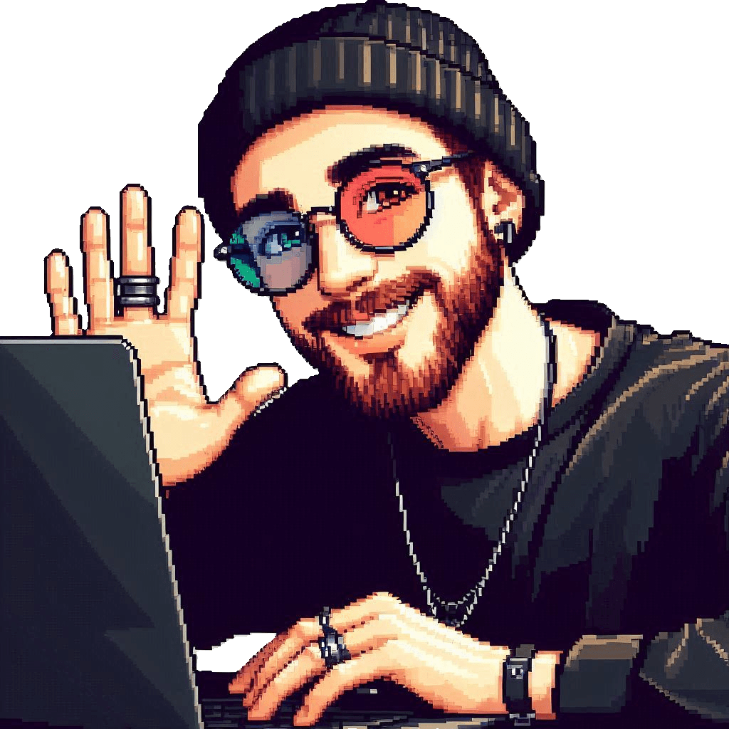 Pixel-art portrait of dashG waving from behind a laptop