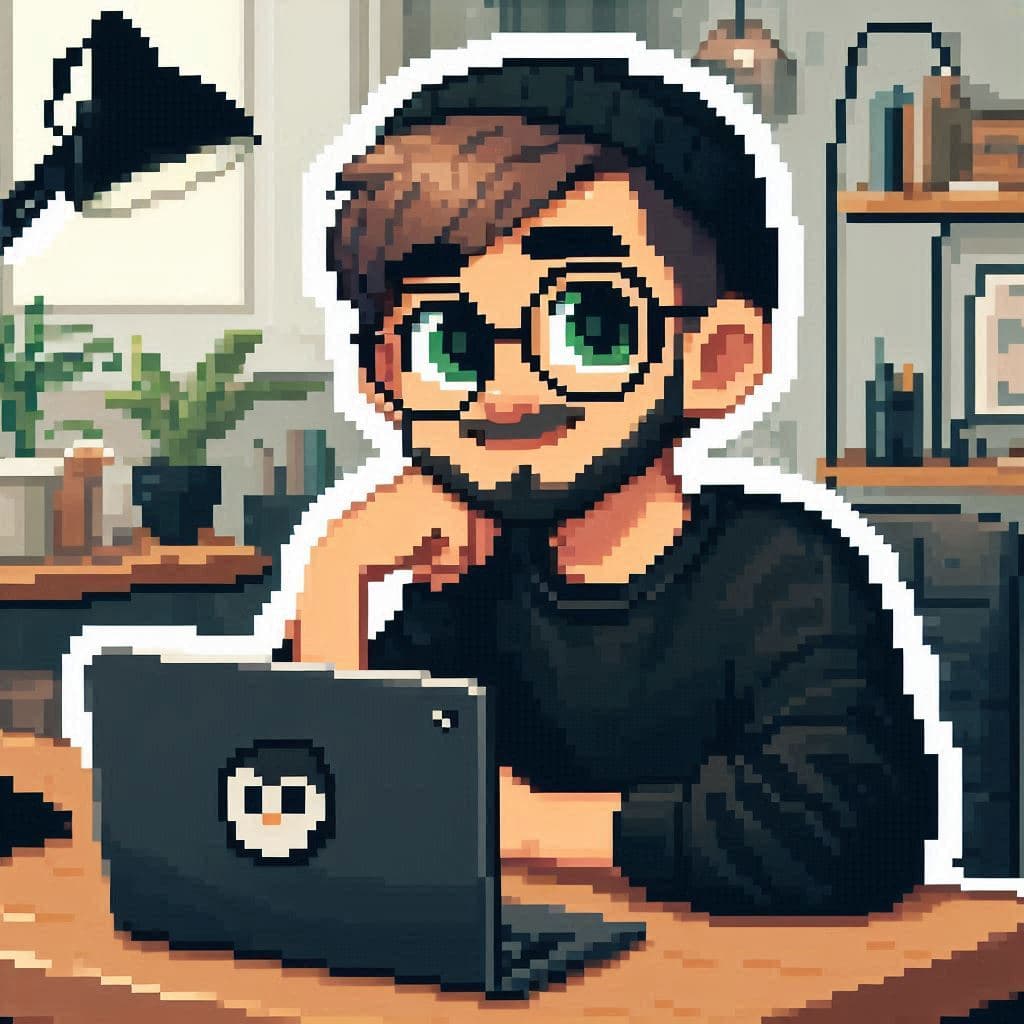 Pixel-art scene of dashG at a desk with a laptop, a lamp and plants